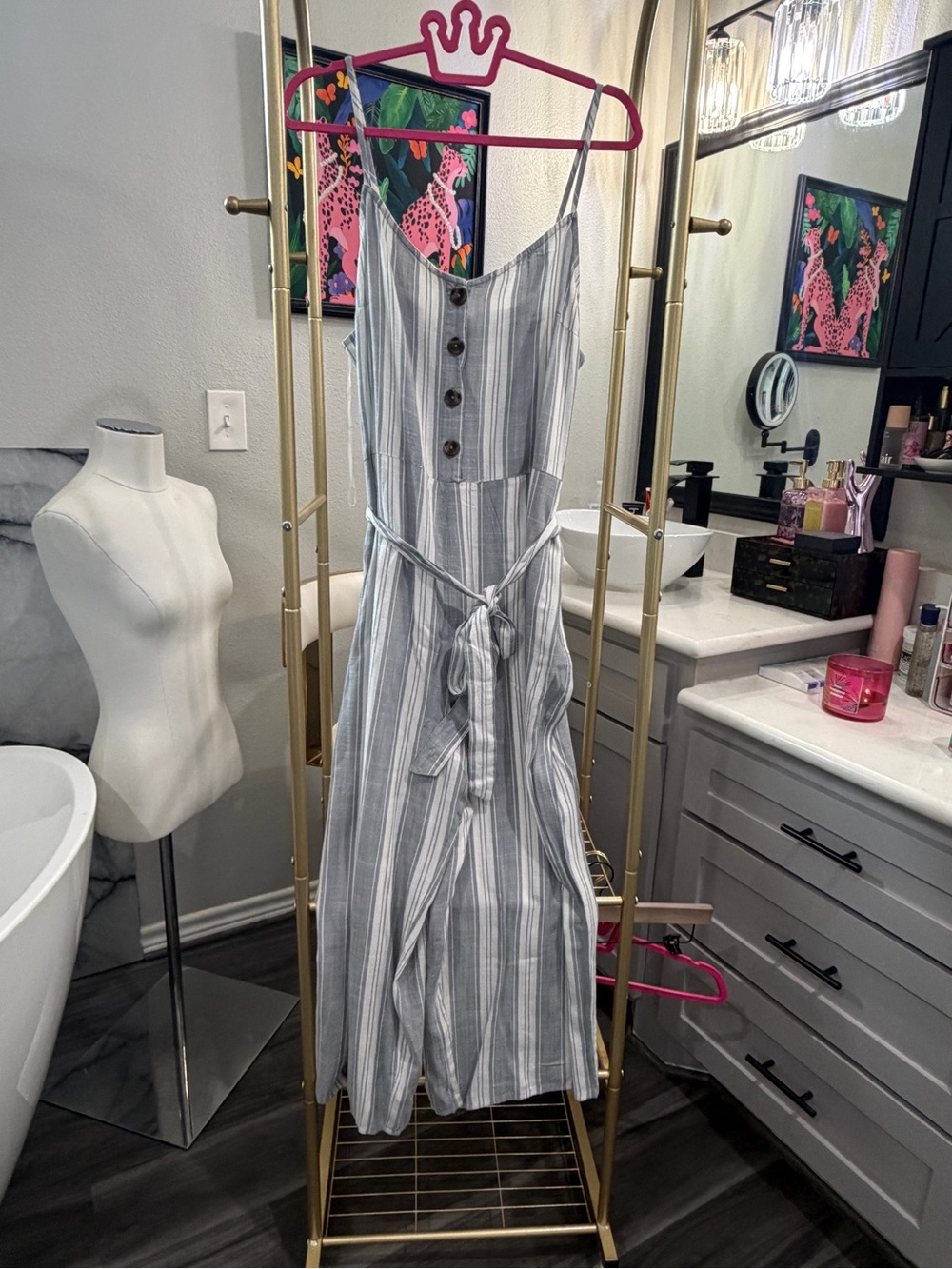 Kohl's Gray & White Striped Midi Dress with Tie Waist